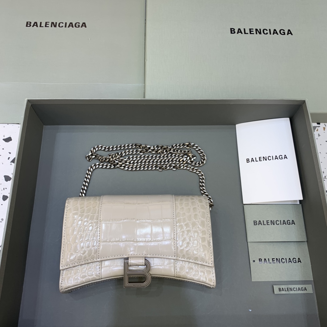 Balenciaga Small Hourglass Wallet With Chain Crocodile Embossed Shoulder Bag Beige